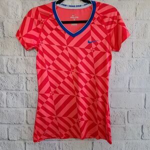 Nike Pro Dri-Fit Top V Neck Pink And Red Fitted Training Tee Medium